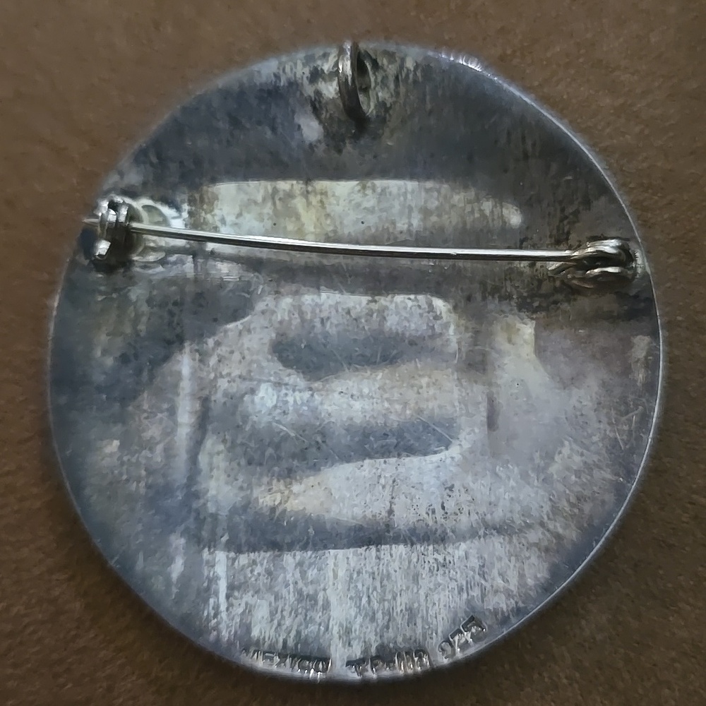 Silver Round Pin with Turquoise Inlay Geo Design - Picture 2 of 3